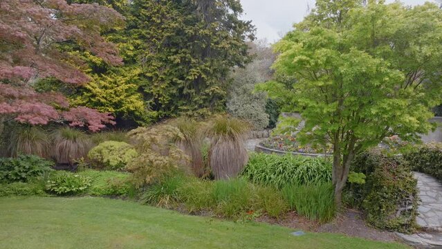 Aerial: flower beds in the Oamaru Public Gardens in the South Island, New Zealand