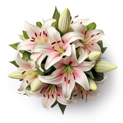 A bouquet of white and pink flowers on a white surface