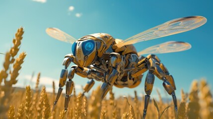 robot bee pollinates a bloom, clear blue sky on background - obrazy, fototapety, plakaty