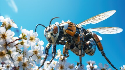robot bee pollinates a bloom, clear blue sky on background - obrazy, fototapety, plakaty