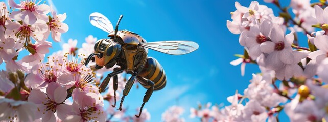 robot bee pollinates a bloom, clear blue sky on background