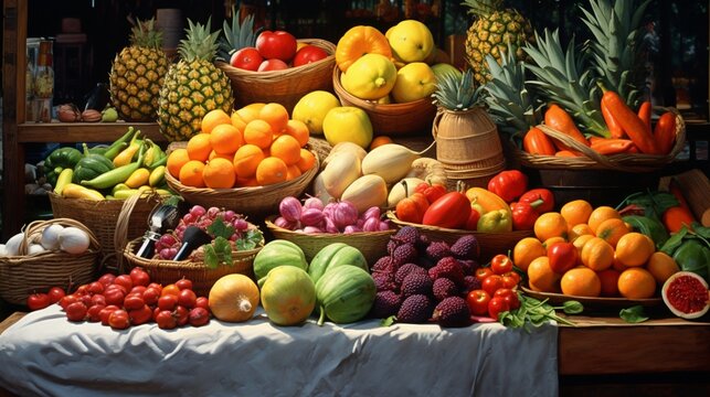 A collection of different fruits and vegetables from around the world in a vibrant marketplace.