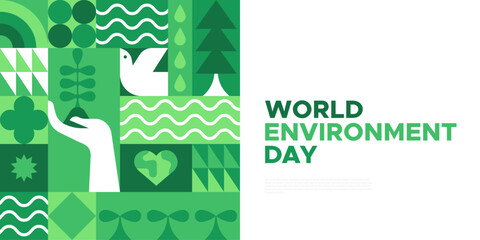 World Environment Day web template illustration with modern eco geometric nature mosaic. Green abstract geometry shape symbol background for online earth holiday or internet landing page. - obrazy, fototapety, plakaty