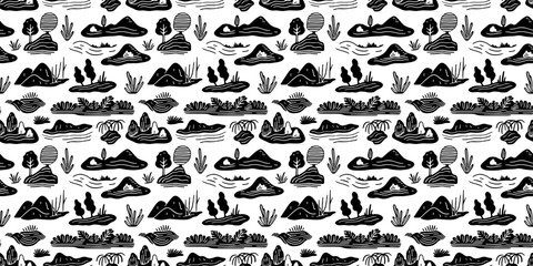 Hand drawn landscape doodle seamless pattern. Nature mountain cartoon background. Outdoor environment wallpaper print, natural scenery texture illustration.