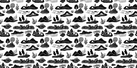 Hand drawn landscape doodle seamless pattern. Nature mountain cartoon background. Outdoor environment wallpaper print, natural scenery texture illustration.