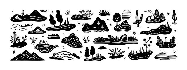 Hand drawn landscape doodle set. Nature mountain cartoon icon collection. Outdoor environment bundle, natural scenery element illustration.