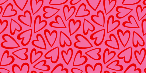 Red love heart seamless pattern illustration. Cute romantic pink hearts background print. Valentine's day holiday backdrop texture, romantic wedding design. 