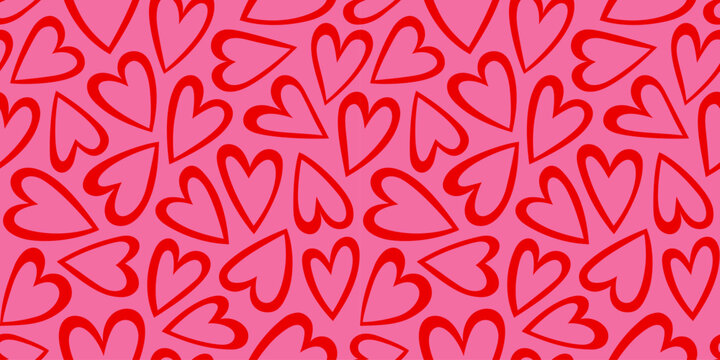Naklejki Red love heart seamless pattern illustration. Cute romantic pink hearts background print. Valentine's day holiday backdrop texture, romantic wedding design. 