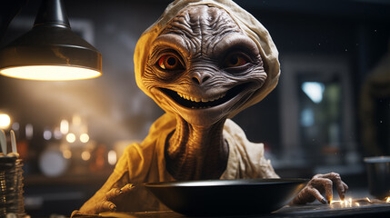 Futuristic photo of a friendly alien cooking in a bright kitchen with a luxurious décor