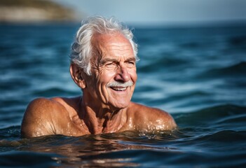 Senior man with grey beard and mustaches swimming in the sea, enjoying active retirement, having care, taking care for himself, staying fit