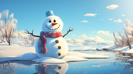 A friendly snowman stands on a serene winter lakeshore, basking in the soft glow of a tranquil, snowy landscape.