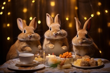 Obraz premium A family of rabbits sits at the table and celebrates Easter.