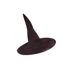 Witch's cap. Halloween decor. Black old-fashioned women's hat with a pointed top. Isolated watercolor illustration on white background