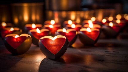 A close-up of heart-shaped tea light holders casting a warm glow in a darkened room. - obrazy, fototapety, plakaty