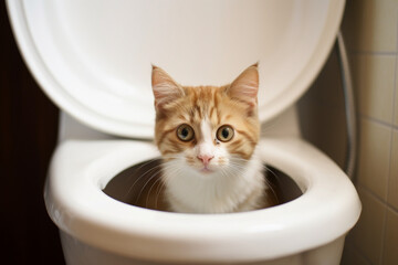 The cat is sitting in the toilet bowl. Funny image. - obrazy, fototapety, plakaty