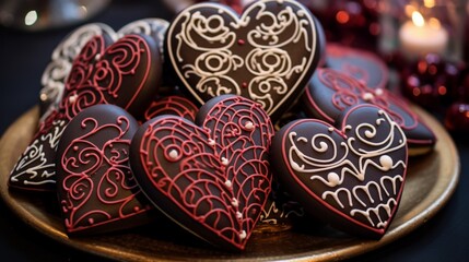 A close-up of heart-shaped cookies arranged in an artistic pattern on a festive Valentine's Day dessert table. - obrazy, fototapety, plakaty