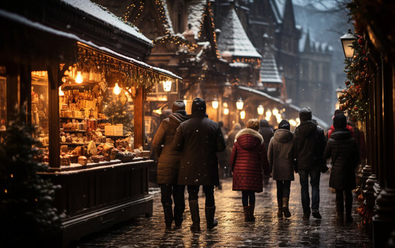 rodzina spędza wolny czas na jarmarku bożonarodzeniowym