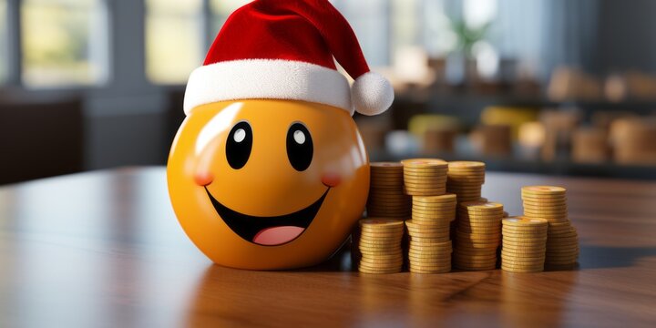 Close up of a smiling ceramic emoji with a Santa hat on his head and a pile of coins on a wooden table.