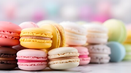 Fototapeta na wymiar An assortment of colorful macaroons delicately arranged on a pastel background, showcasing variety and sweetness.