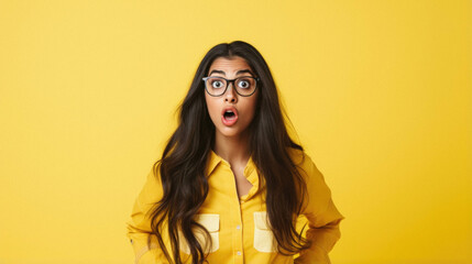 Young beautiful hispanic woman wearing glasses over isolated yellow background afraid and shocked with surprise expression, fear and excited face. - obrazy, fototapety, plakaty