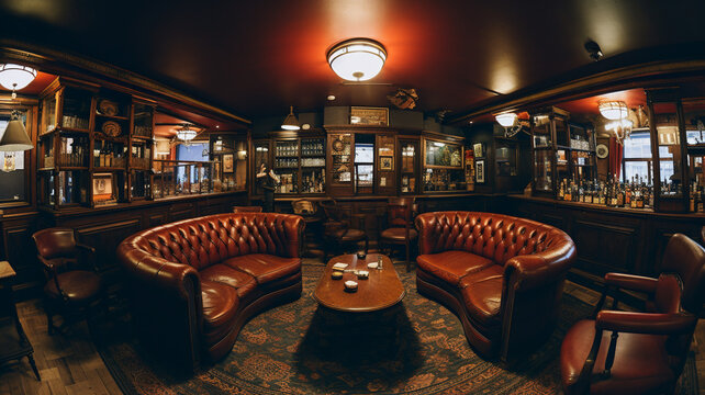 Wide angle view of the interior of a gentlemen's club.