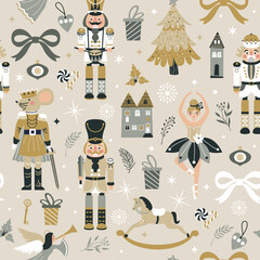 Seamless Christmas Pattern with Nutcrackers ballerina in Vector on beige. New year illustration.