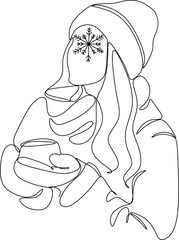 Abstract modern portraits of a woman in a cozy warm hat. Linear vector illustration. Snowflakes, gifts. Winter mood