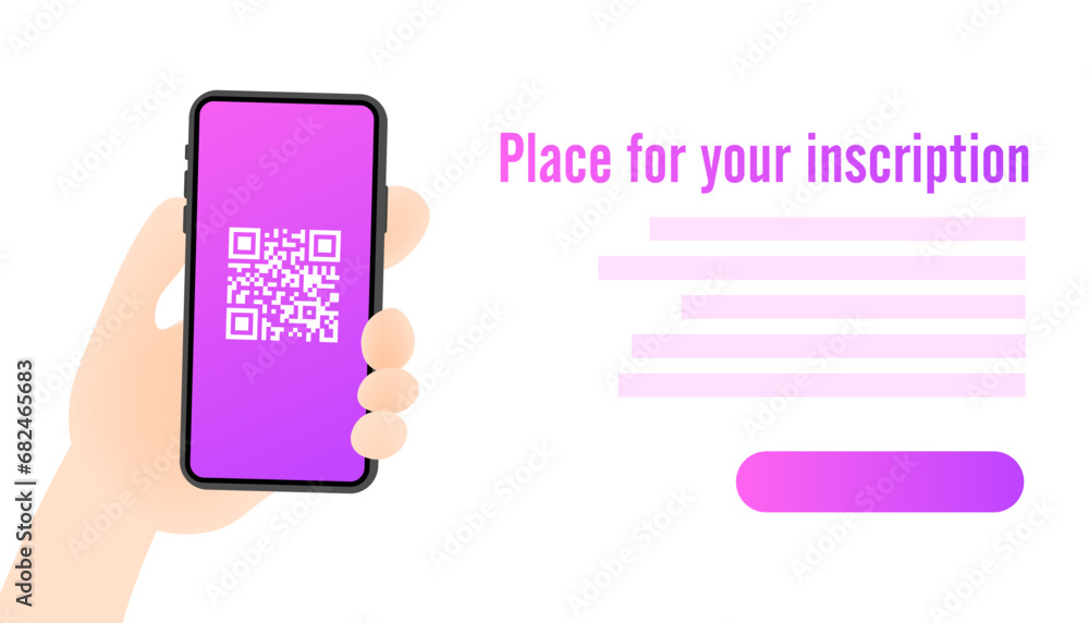 Poster qr code and place for your description. flat, purple, phone in hand, mockup for text, qr-code on the