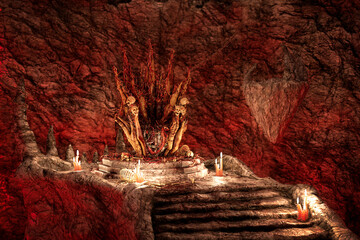 Demon or devil throne of wooden thorns surrounded by bones in an underground cave. Hell concept 3D rendering.. - obrazy, fototapety, plakaty