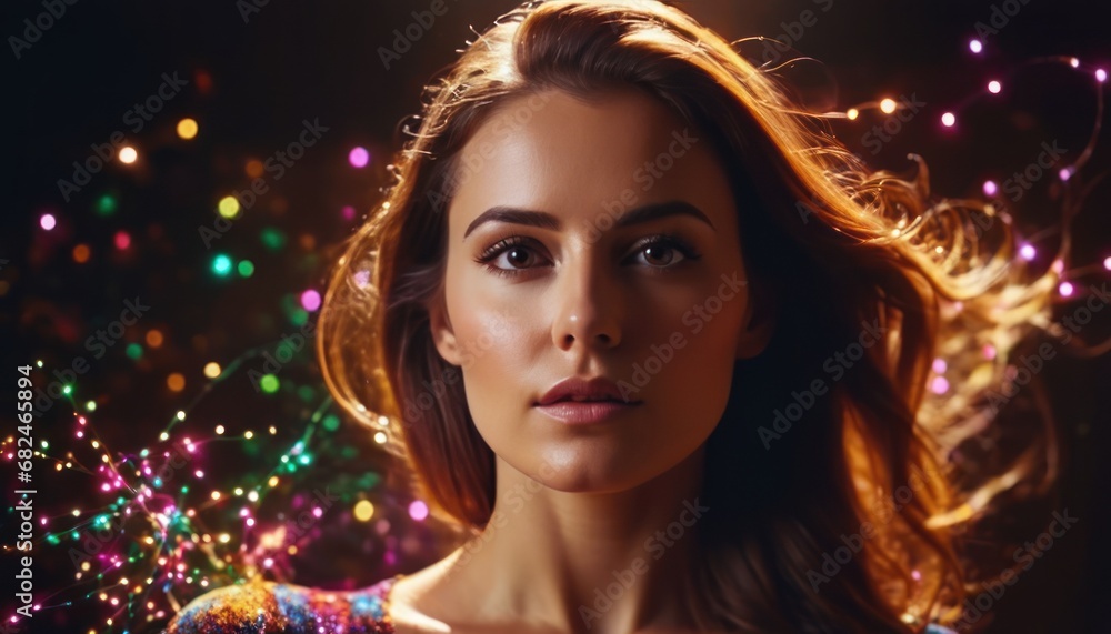 Canvas Prints Close up portrait of beautiful young woman shape, colorful light particles, plexus figures, color splashes. Sensual woman and big glowing particle trails, paint waves. Colorful Futuristic background