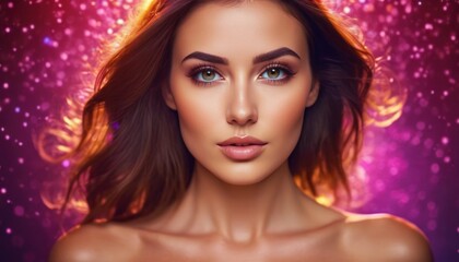 Obraz premium Close up portrait of beautiful young woman shape, colorful light particles, plexus figures, color splashes. Sensual woman and big glowing particle trails, paint waves. Colorful Futuristic background