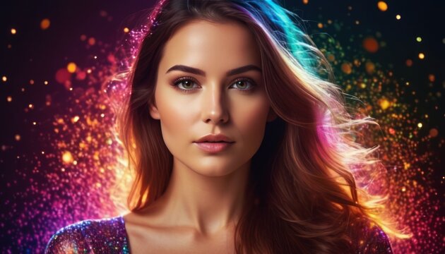 Close up portrait of beautiful young woman shape, colorful light particles, plexus figures, color splashes. Sensual woman and big glowing particle trails, paint waves. Colorful Futuristic background