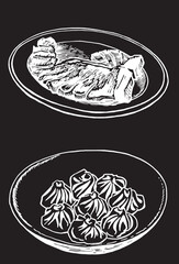 Vector illustration of khinkali and steak on a palte, food illustration on black background. Graphical elements for caffe banner design