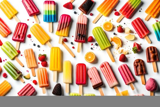 An eye-catching image showcasing a variety of unique and colorful popsicle desserts, each isolated on a clean white background.