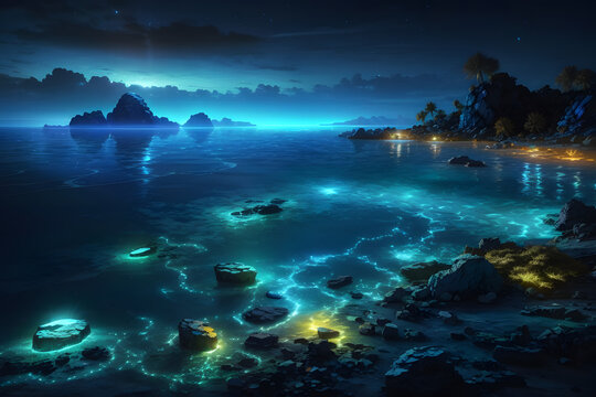 Tropical Island at Night with Beautiful Shining Water © Anime & Nature