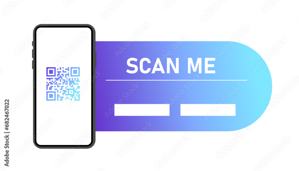 Poster scan me with your phone sign. flat, blue, qr-code on the phone screen, scan me sign. vector icon