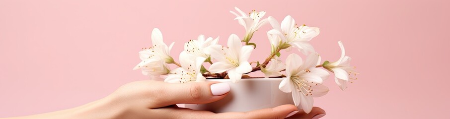A woman's hand with a plate of white flowers on a pink background. Generated by AI.