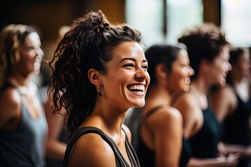 Young beautiful girls enjoy fitness classes in a group. Generated by AI. - obrazy, fototapety, plakaty