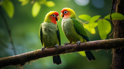 Obraz premium Two bright Rosy-faced Masked lovebirds are sitting on a branch and looking at each other in love. The concept of wildlife