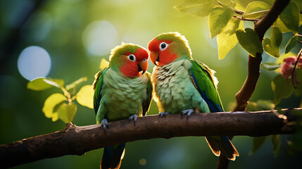 Two bright Rosy-faced Masked lovebirds are sitting on a branch and looking at each other in love. The concept of wildlife