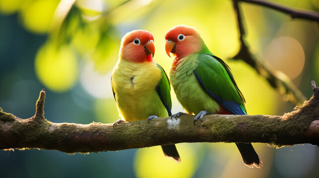 Two bright Rosy-faced Masked lovebirds are sitting on a branch and looking at each other in love. The concept of wildlife