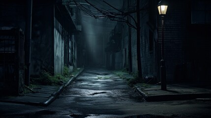 A darkened alleyway with a single streetlight, symbolizing safety concerns in urban areas. - obrazy, fototapety, plakaty