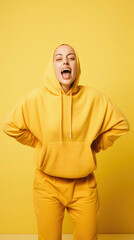 Obraz premium Young woman wearing hoodie and posing over yellow isolated background.