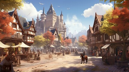 an AI image of a village square with a lively renaissance fair - obrazy, fototapety, plakaty