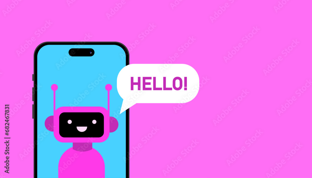Poster hello from the robot on the phone screen. flat, purple, speech bubble, robot on the phone screen, he