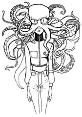 Striking black and white line art illustration featuring a humanoid figure with octopus tentacles for a head, blending the surreal with marine life in a unique design.