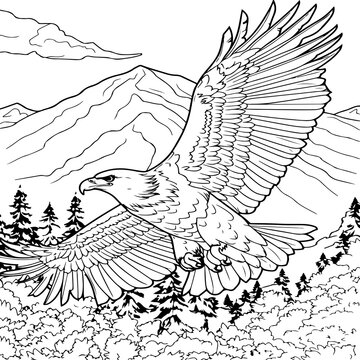 featuring bald eagle flying over the mountain coloring page