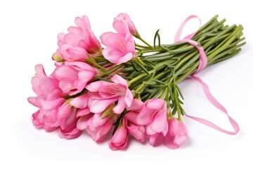 A bunch of pink flowers on a white surface