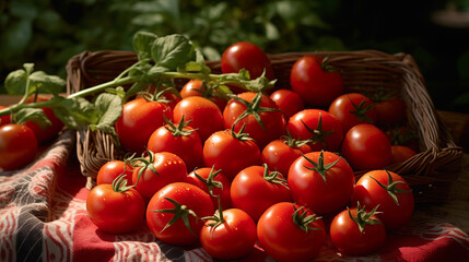 tomatoes in a basket on a table, tomato harvest, farmers market, organic produce