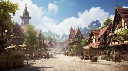 an AI image of a village square with a lively renaissance fair - Powered by Adobe